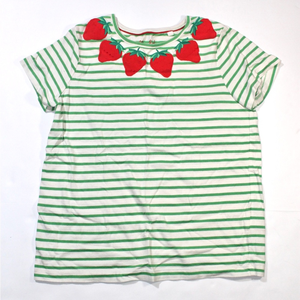Mini Boden Girls Green & White Stripe Tee with Red Strawberry Appliqué